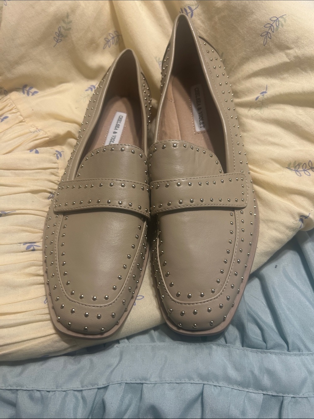 Studded Taupe Leather Penny Loafers for Women